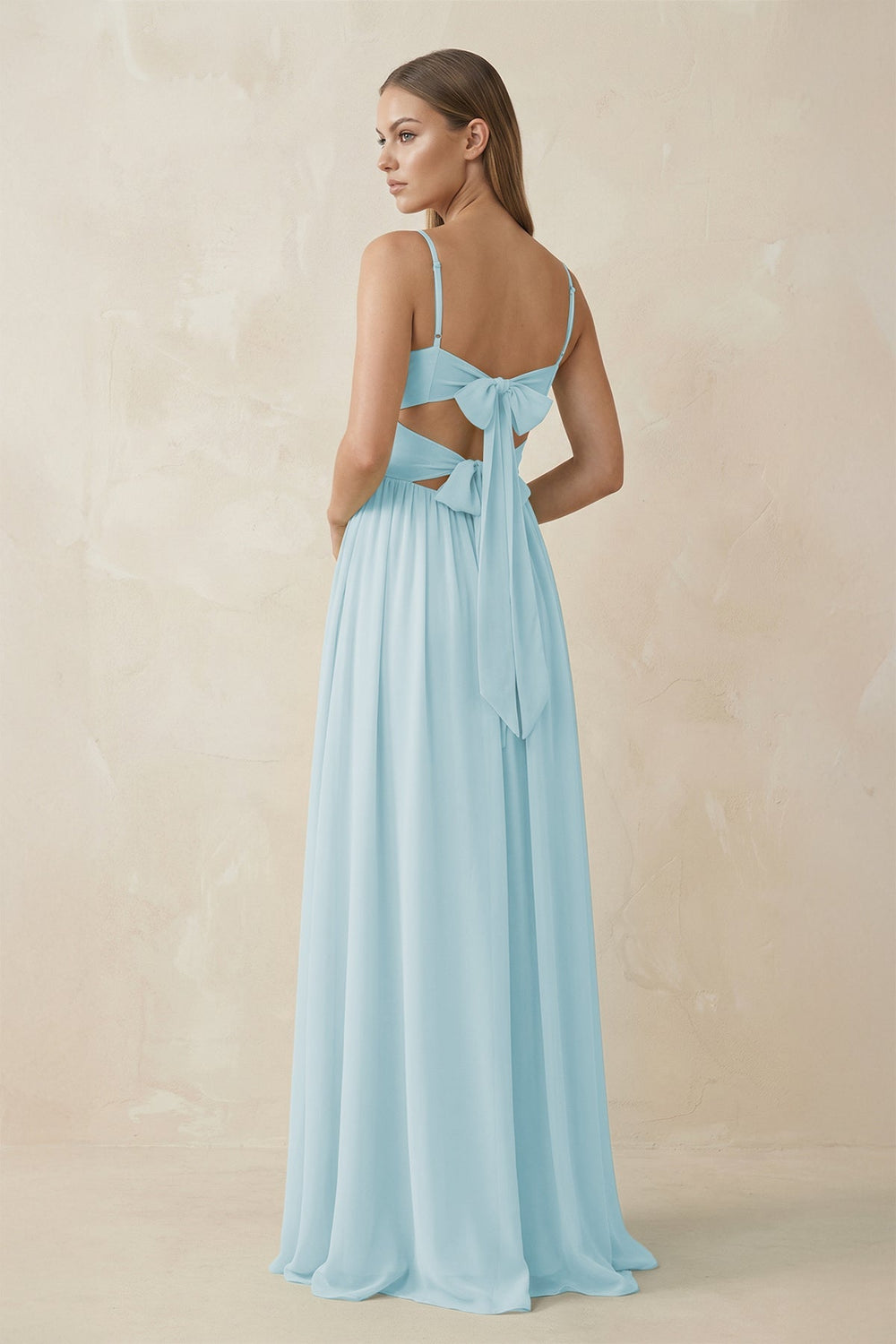 Spaghetti Strap Pleated A - Line Chiffon Bridesmaid Dress in Sky Blue - KissProm Bridesmaid Dresses