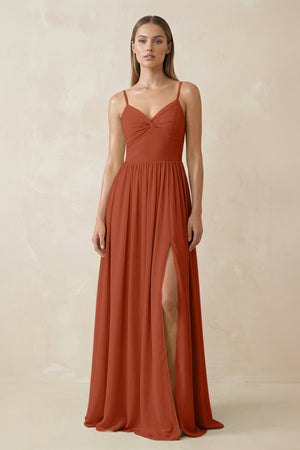 Spaghetti Strap Pleated A - Line Chiffon Bridesmaid Dress in Spice - KissProm Bridesmaid Dresses