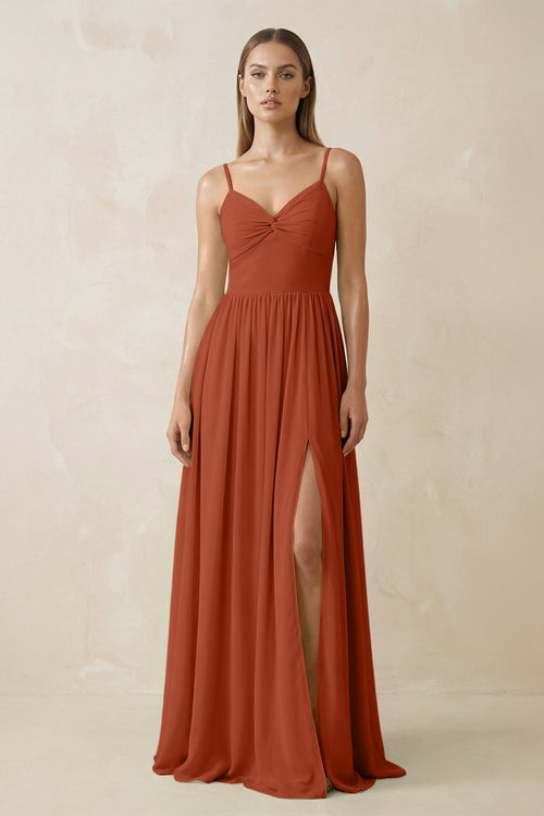 Spaghetti Strap Pleated A - Line Chiffon Bridesmaid Dress in Spice - KissProm Bridesmaid Dresses