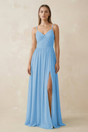 Spaghetti Strap Pleated A - Line Chiffon Bridesmaid Dress in Steel Blue - KissProm Bridesmaid Dresses