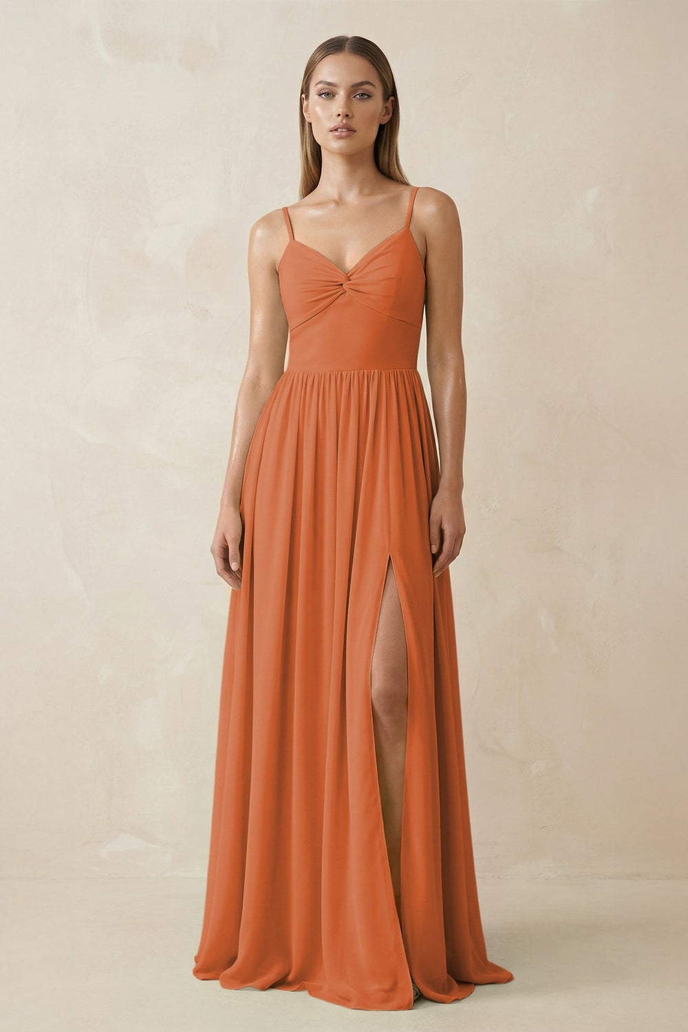 Spaghetti Strap Pleated A - Line Chiffon Bridesmaid Dress in Terracotta - KissProm Bridesmaid Dresses