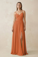 Spaghetti Strap Pleated A - Line Chiffon Bridesmaid Dress in Terracotta - KissProm Bridesmaid Dresses
