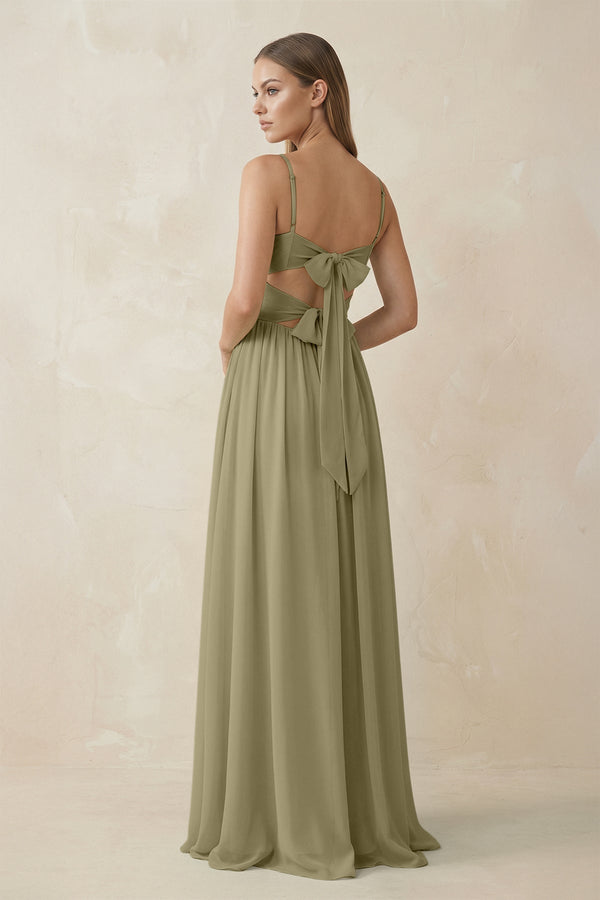 Spaghetti Strap Pleated A - Line Chiffon Bridesmaid Dress in Thyme - KissProm Bridesmaid Dresses