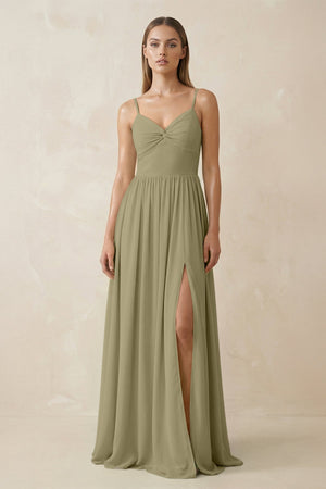Spaghetti Strap Pleated A - Line Chiffon Bridesmaid Dress in Thyme - KissProm Bridesmaid Dresses