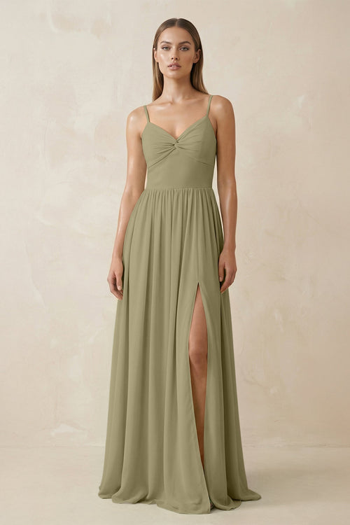 Spaghetti Strap Pleated A - Line Chiffon Bridesmaid Dress in Thyme - KissProm Bridesmaid Dresses