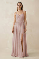 Spaghetti Strap Pleated A - Line Chiffon Bridesmaid Dress in Toffee - KissProm Bridesmaid Dresses