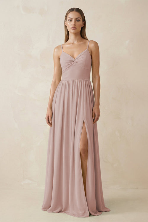Spaghetti Strap Pleated A - Line Chiffon Bridesmaid Dress in Toffee - KissProm Bridesmaid Dresses