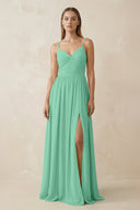 Spaghetti Strap Pleated A - Line Chiffon Bridesmaid Dress in Turquoise - KissProm Bridesmaid Dresses