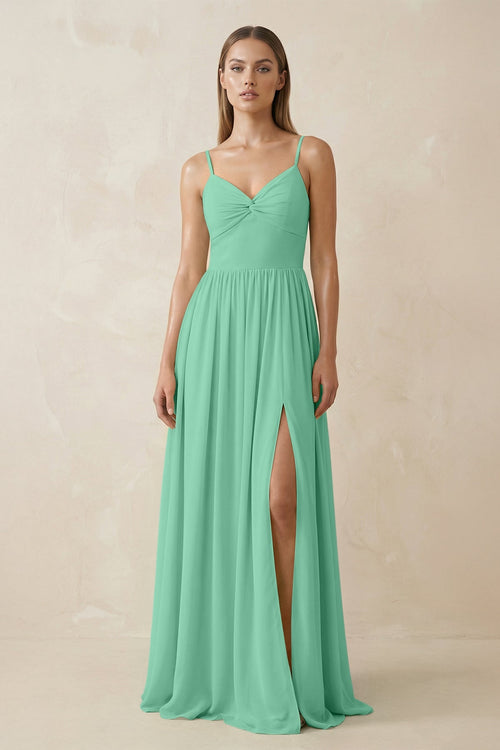 Spaghetti Strap Pleated A - Line Chiffon Bridesmaid Dress in Turquoise - KissProm Bridesmaid Dresses