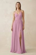 Spaghetti Strap Pleated A - Line Chiffon Bridesmaid Dress in Vintage Mauve - KissProm Bridesmaid Dresses