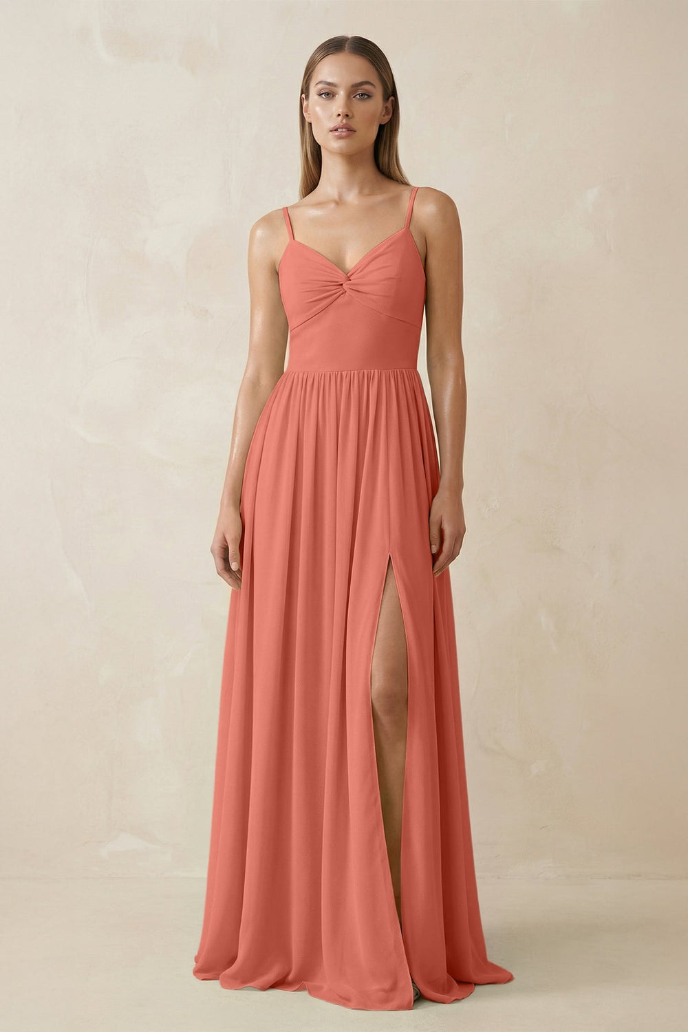 Spaghetti Strap Pleated A - Line Chiffon Bridesmaid Dress in Wild Rose - KissProm Bridesmaid Dresses