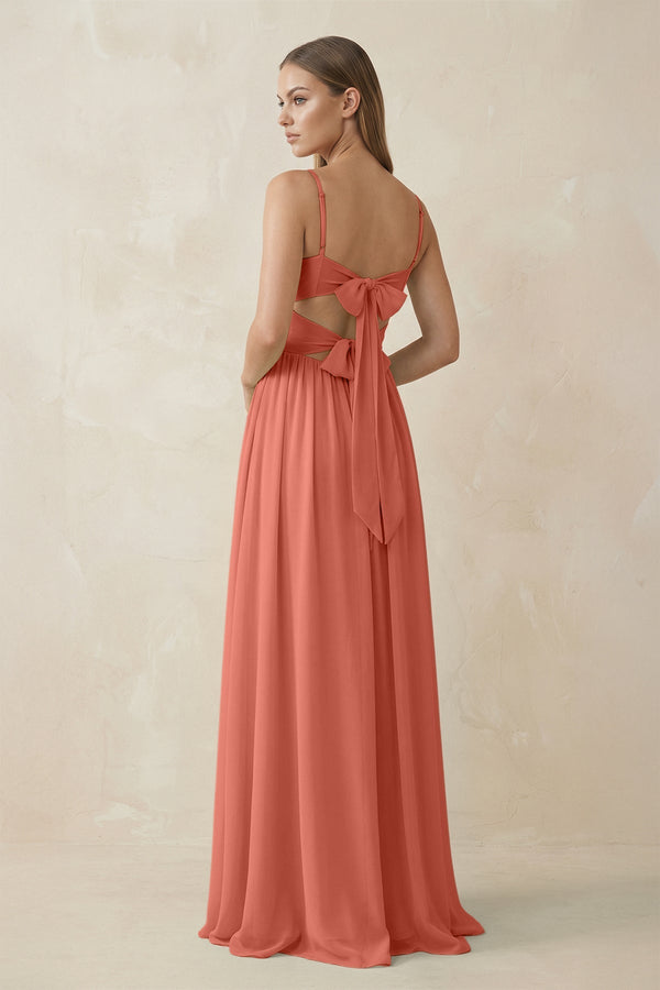 Spaghetti Strap Pleated A - Line Chiffon Bridesmaid Dress in Wild Rose - KissProm Bridesmaid Dresses