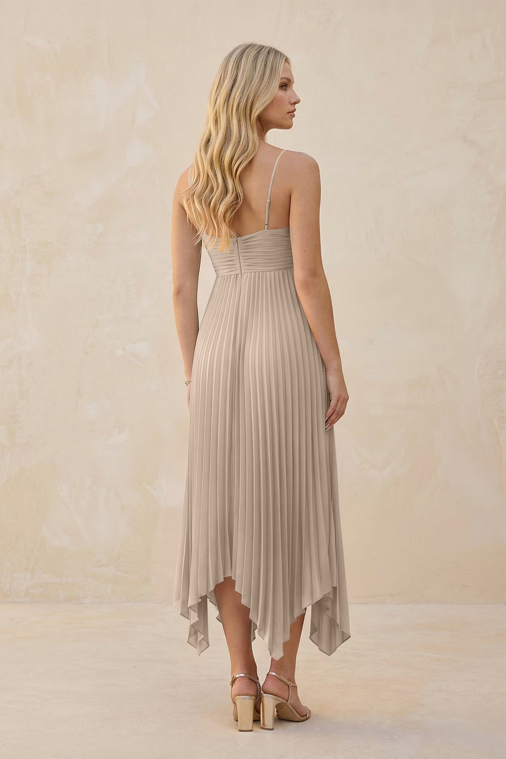 Spaghetti Strap Pleated A - Line Chiffon Midi Bridesmaid Dress in Almond - KissProm Bridesmaid Dresses