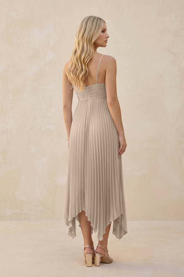 Spaghetti Strap Pleated A - Line Chiffon Midi Bridesmaid Dress in Almond - KissProm Bridesmaid Dresses