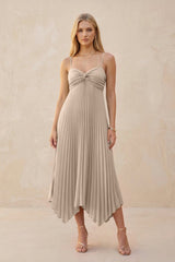 Spaghetti Strap Pleated A - Line Chiffon Midi Bridesmaid Dress in Almond - KissProm Bridesmaid Dresses