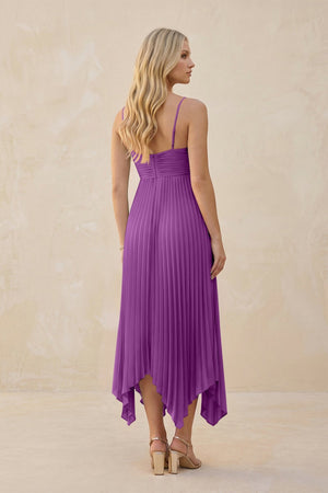 Spaghetti Strap Pleated A - Line Chiffon Midi Bridesmaid Dress in Amethyst - KissProm Bridesmaid Dresses