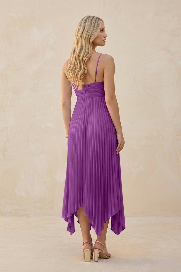 Spaghetti Strap Pleated A - Line Chiffon Midi Bridesmaid Dress in Amethyst - KissProm Bridesmaid Dresses