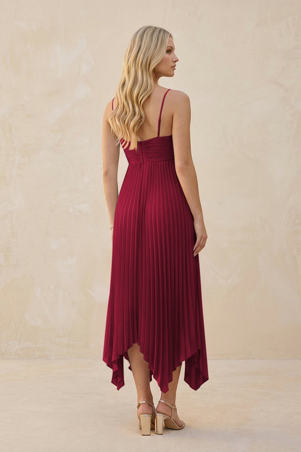 Spaghetti Strap Pleated A - Line Chiffon Midi Bridesmaid Dress in Berry - KissProm Bridesmaid Dresses