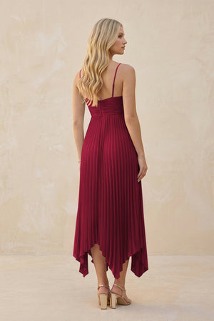 Spaghetti Strap Pleated A - Line Chiffon Midi Bridesmaid Dress in Berry - KissProm Bridesmaid Dresses