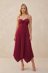 Spaghetti Strap Pleated A - Line Chiffon Midi Bridesmaid Dress in Berry - KissProm Bridesmaid Dresses