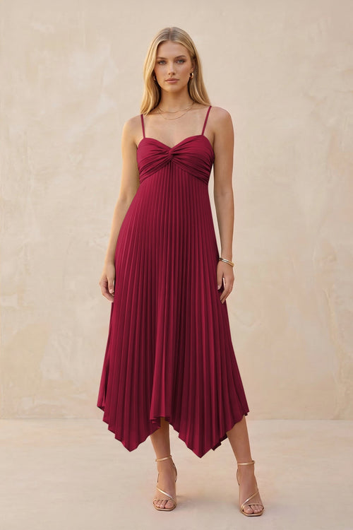Spaghetti Strap Pleated A - Line Chiffon Midi Bridesmaid Dress in Berry - KissProm Bridesmaid Dresses