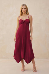 Spaghetti Strap Pleated A - Line Chiffon Midi Bridesmaid Dress in Berry - KissProm Bridesmaid Dresses