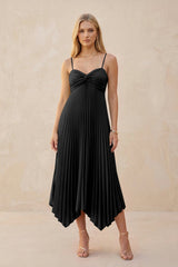 Spaghetti Strap Pleated A - Line Chiffon Midi Bridesmaid Dress in Black - KissProm Bridesmaid Dresses