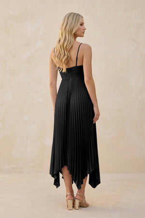Spaghetti Strap Pleated A - Line Chiffon Midi Bridesmaid Dress in Black - KissProm Bridesmaid Dresses
