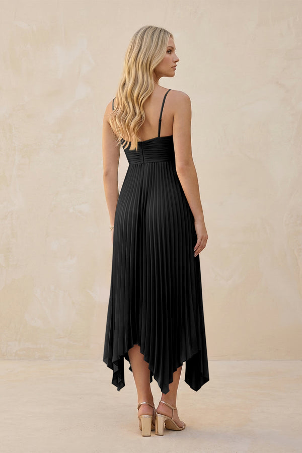 Spaghetti Strap Pleated A - Line Chiffon Midi Bridesmaid Dress in Black - KissProm Bridesmaid Dresses