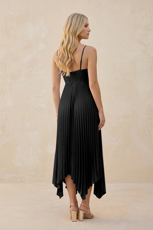 Spaghetti Strap Pleated A - Line Chiffon Midi Bridesmaid Dress in Black - KissProm Bridesmaid Dresses