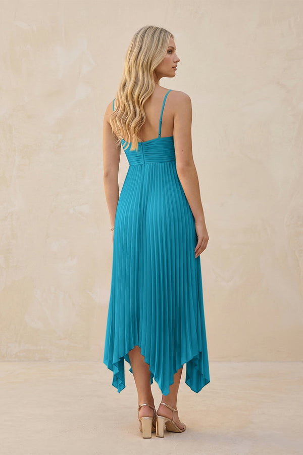 Spaghetti Strap Pleated A - Line Chiffon Midi Bridesmaid Dress in Blue Jay - KissProm Bridesmaid Dresses