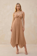 Spaghetti Strap Pleated A - Line Chiffon Midi Bridesmaid Dress in Bronzer - KissProm Bridesmaid Dresses