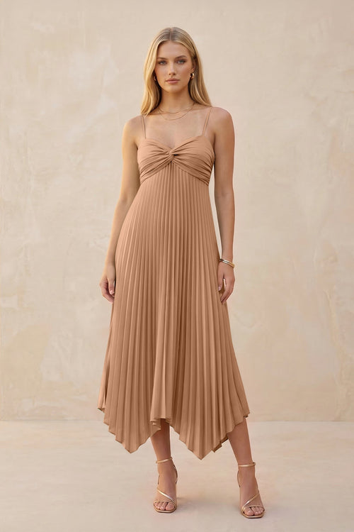 Spaghetti Strap Pleated A - Line Chiffon Midi Bridesmaid Dress in Bronzer - KissProm Bridesmaid Dresses