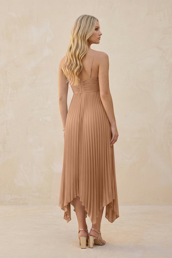 Spaghetti Strap Pleated A - Line Chiffon Midi Bridesmaid Dress in Bronzer - KissProm Bridesmaid Dresses