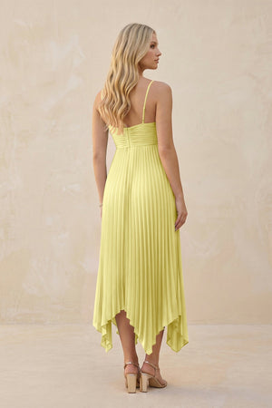 Spaghetti Strap Pleated A - Line Chiffon Midi Bridesmaid Dress in Buttercup - KissProm Bridesmaid Dresses