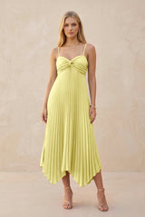 Spaghetti Strap Pleated A - Line Chiffon Midi Bridesmaid Dress in Buttercup - KissProm Bridesmaid Dresses