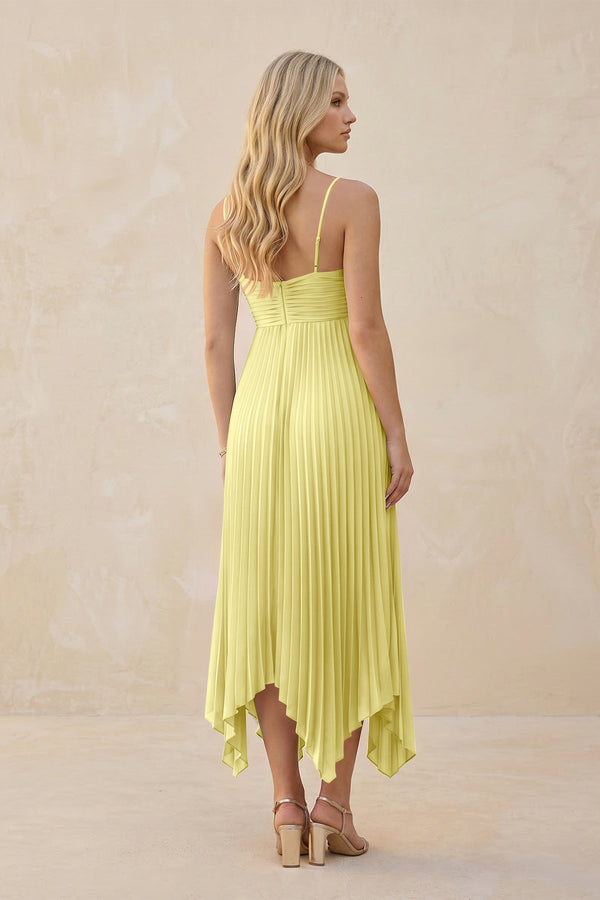 Spaghetti Strap Pleated A - Line Chiffon Midi Bridesmaid Dress in Buttercup - KissProm Bridesmaid Dresses