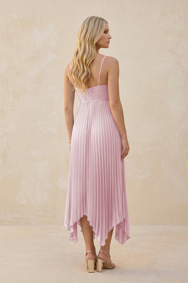 Spaghetti Strap Pleated A - Line Chiffon Midi Bridesmaid Dress in Candy Pink - KissProm Bridesmaid Dresses