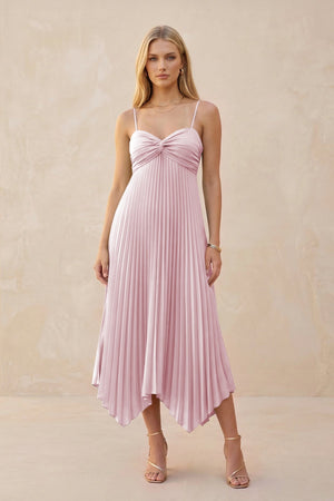 Spaghetti Strap Pleated A - Line Chiffon Midi Bridesmaid Dress in Candy Pink - KissProm Bridesmaid Dresses