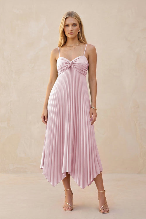 Spaghetti Strap Pleated A - Line Chiffon Midi Bridesmaid Dress in Candy Pink - KissProm Bridesmaid Dresses
