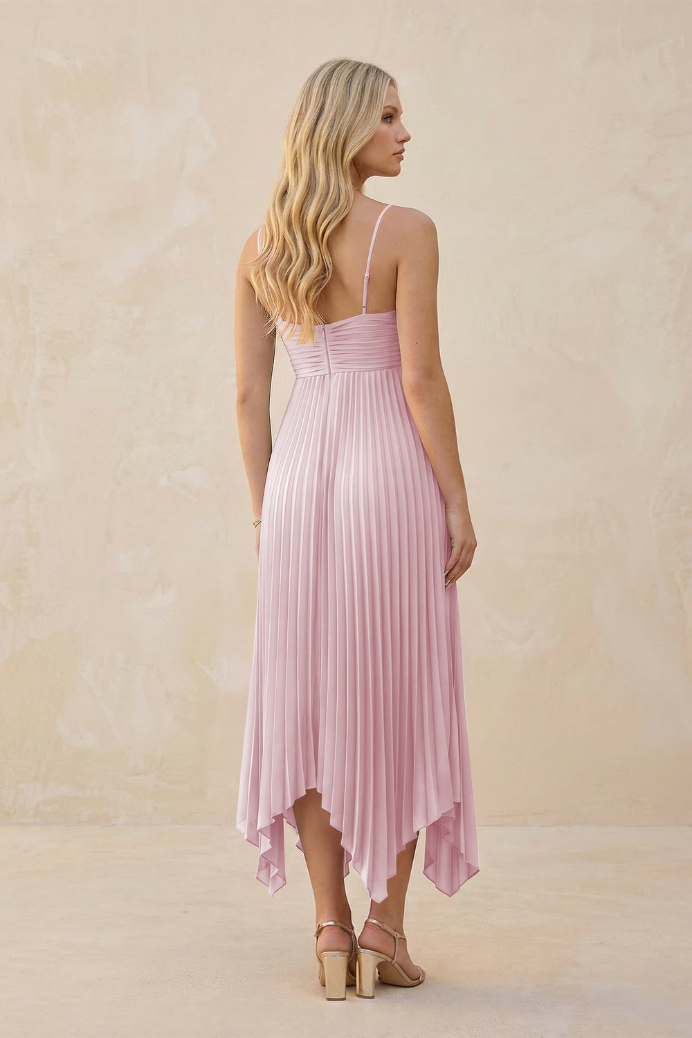 Spaghetti Strap Pleated A - Line Chiffon Midi Bridesmaid Dress in Candy Pink - KissProm Bridesmaid Dresses