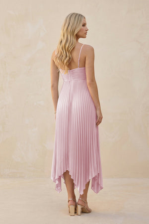 Spaghetti Strap Pleated A - Line Chiffon Midi Bridesmaid Dress in Candy Pink - KissProm Bridesmaid Dresses