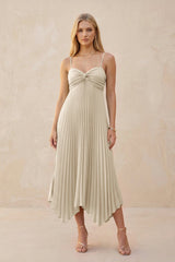 Spaghetti Strap Pleated A - Line Chiffon Midi Bridesmaid Dress in Champagne - KissProm Bridesmaid Dresses