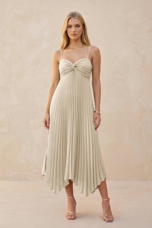 Spaghetti Strap Pleated A - Line Chiffon Midi Bridesmaid Dress in Champagne - KissProm Bridesmaid Dresses