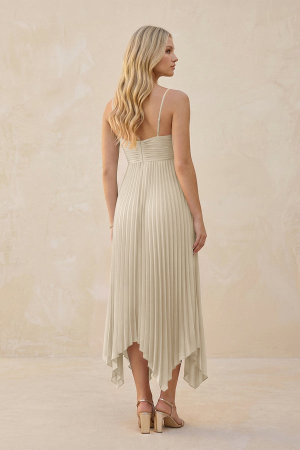 Spaghetti Strap Pleated A - Line Chiffon Midi Bridesmaid Dress in Champagne - KissProm Bridesmaid Dresses