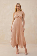 Spaghetti Strap Pleated A - Line Chiffon Midi Bridesmaid Dress in Champagne Rose - KissProm Bridesmaid Dresses