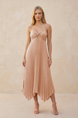 Spaghetti Strap Pleated A - Line Chiffon Midi Bridesmaid Dress in Champagne Rose - KissProm Bridesmaid Dresses