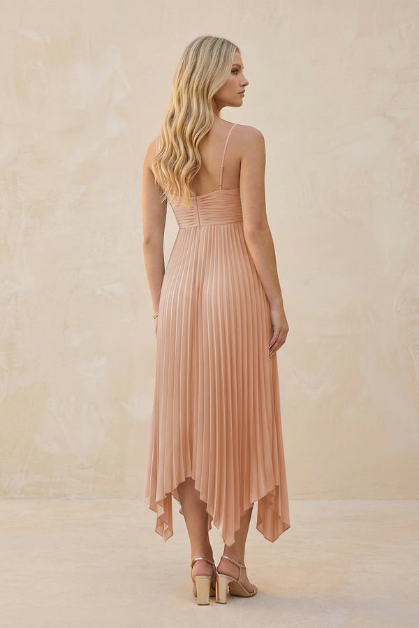 Spaghetti Strap Pleated A - Line Chiffon Midi Bridesmaid Dress in Champagne Rose - KissProm Bridesmaid Dresses