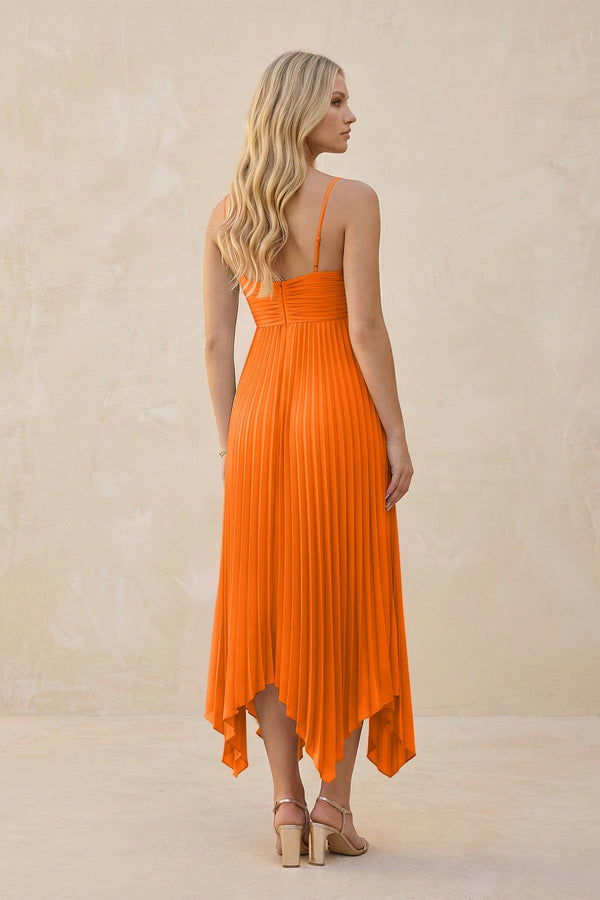 Spaghetti Strap Pleated A - Line Chiffon Midi Bridesmaid Dress in Cinnamon - KissProm Bridesmaid Dresses