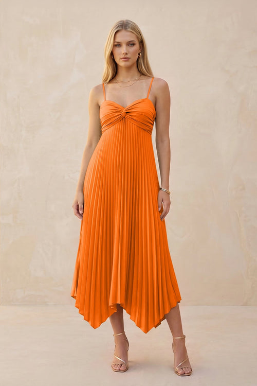 Spaghetti Strap Pleated A - Line Chiffon Midi Bridesmaid Dress in Cinnamon - KissProm Bridesmaid Dresses